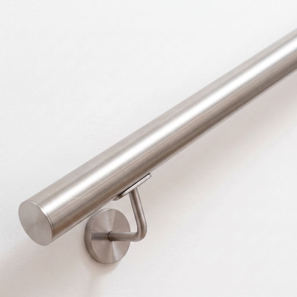 Pasamanos redondo de acero inoxidable a medida con soporte de pared y remate plano, en diagonal en pared blanca, primer plano