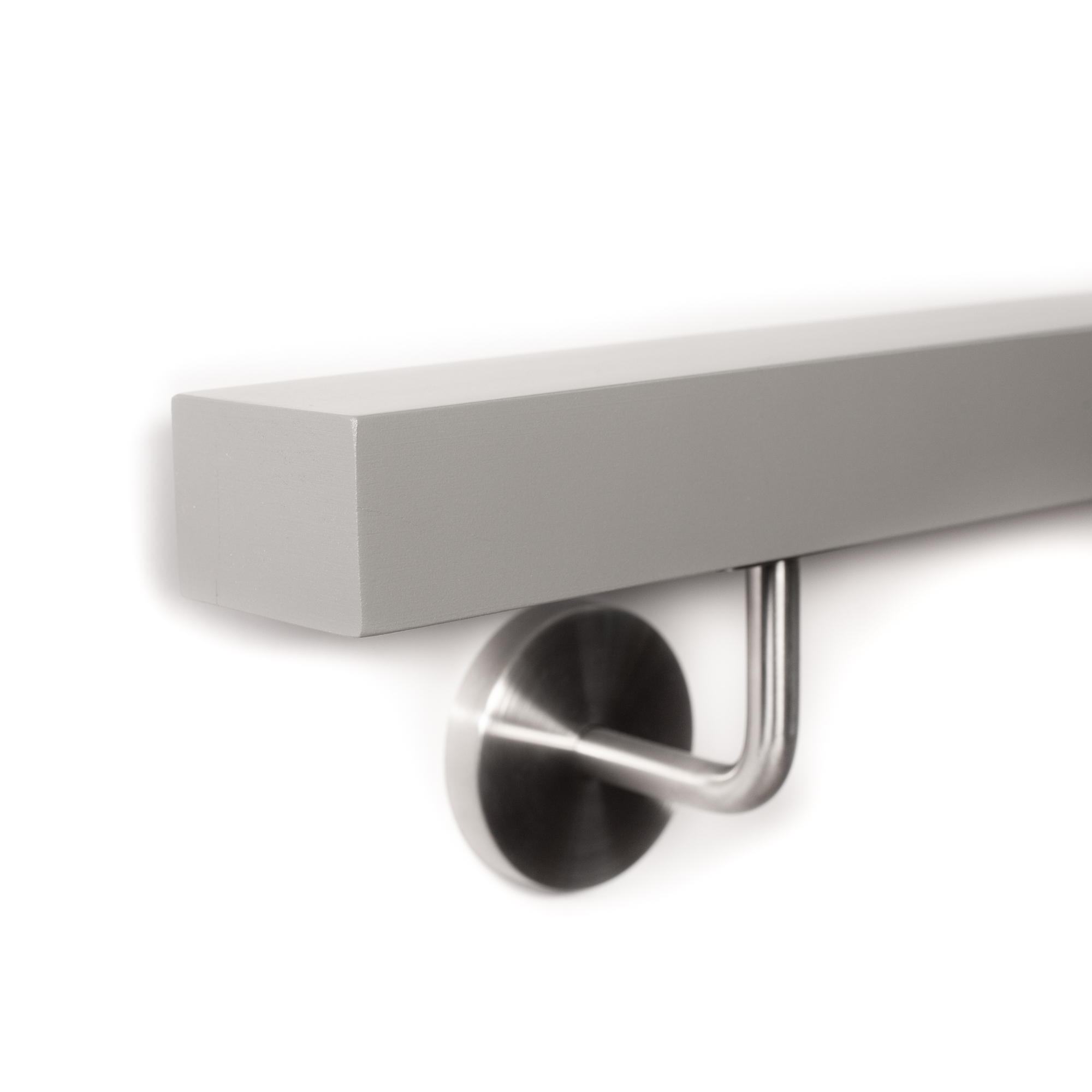 Pasamanos rectangular de haya gris en horizontal con soporte de acero inoxidable, extremo recto, cantos vivos