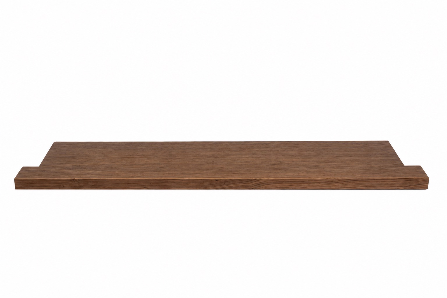 Alféizar de renovación de roble teñido de marrón, madera maciza, vista frontal con piezas laterales sobre fondo blanco