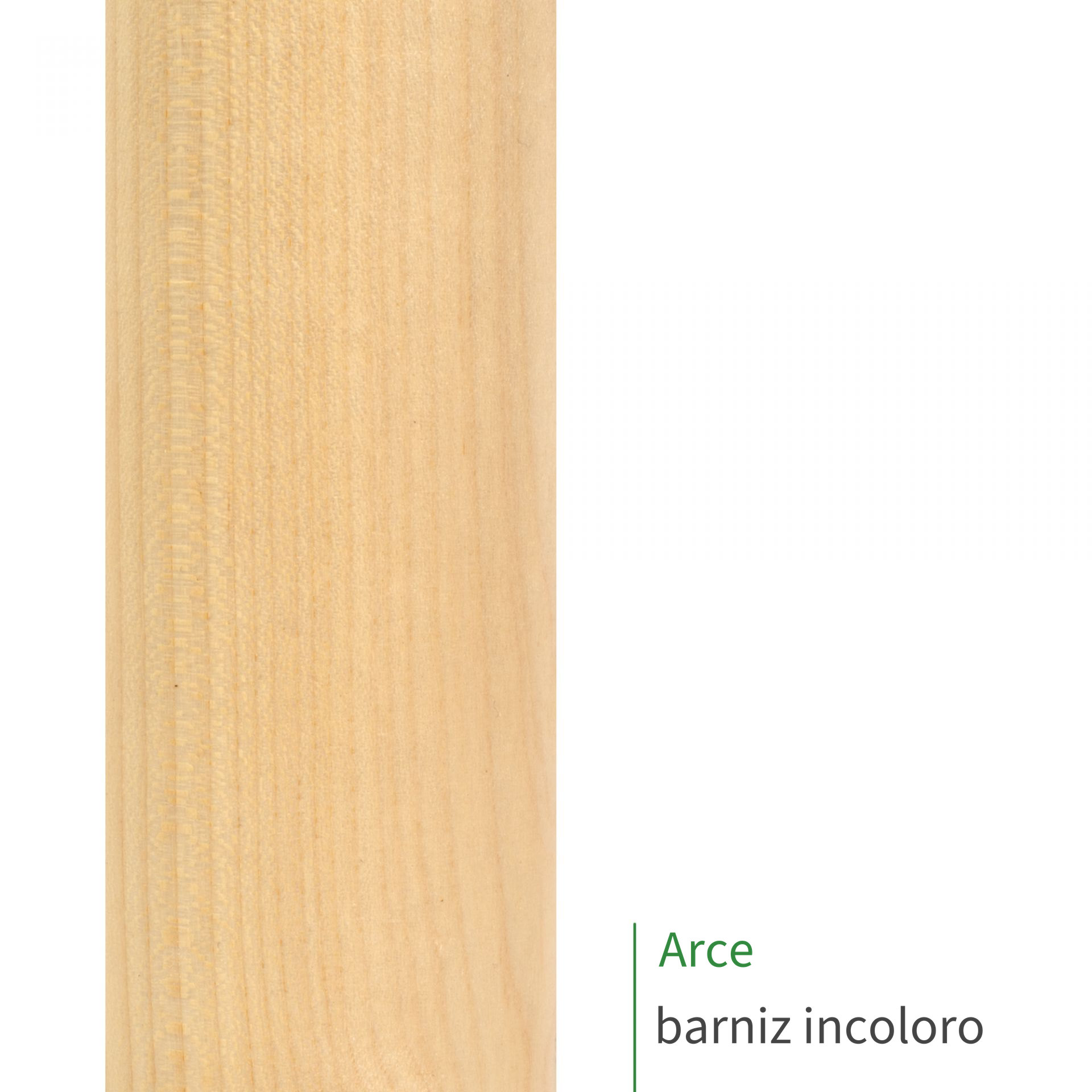 Muestra de pasamanos de arce con barniz incoloro, veteado muy claro y uniforme, rótulo «Arce barniz incoloro»
