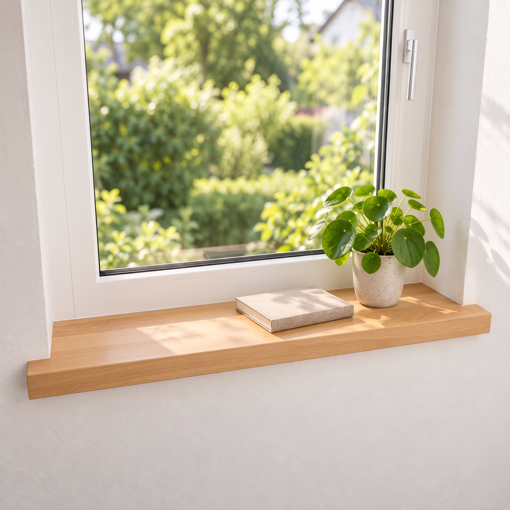 Alféizar de renovación de haya natural, madera maciza, ante ventana blanca, vista al jardín, pilea en maceta blanca y libro