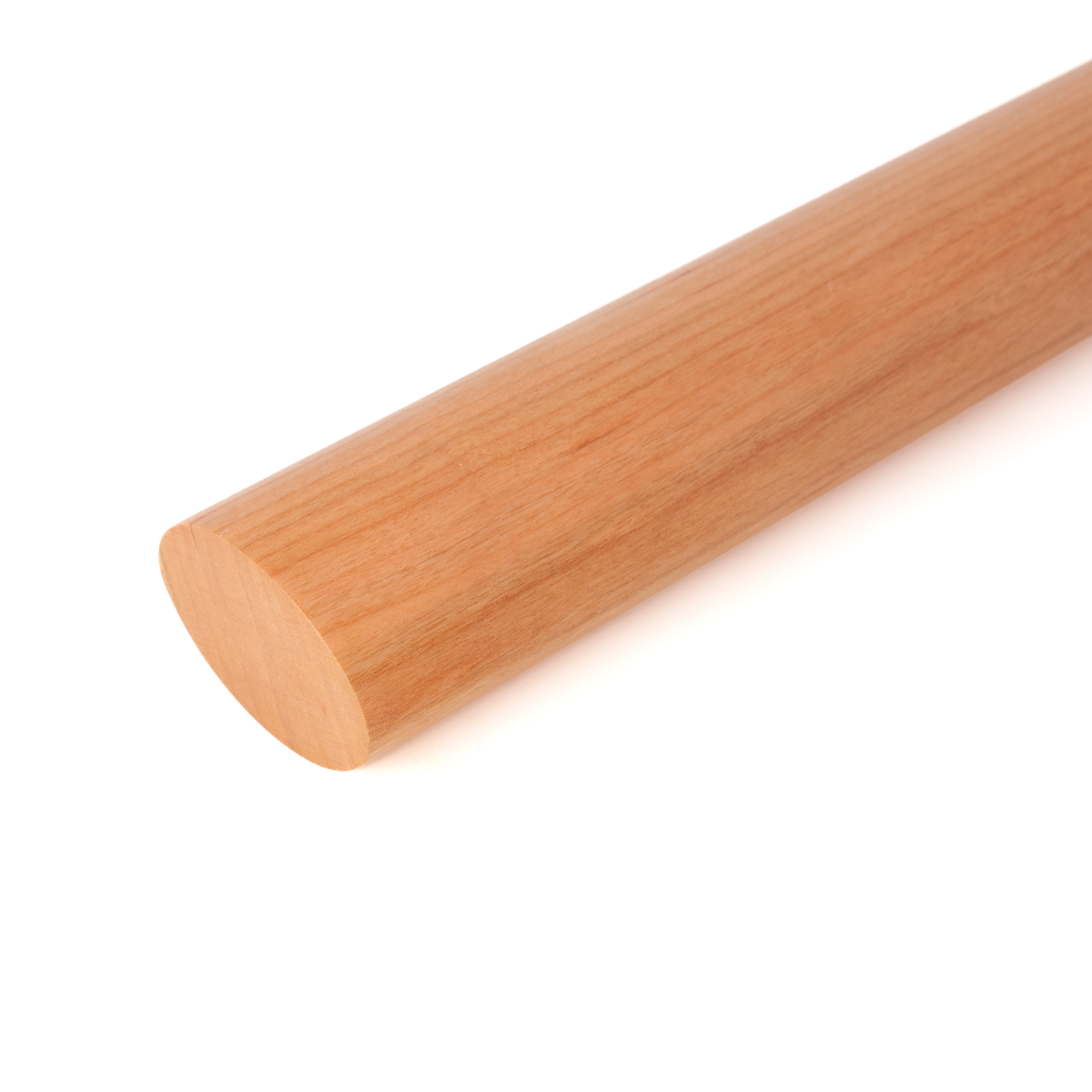 Pasamanos ovalado de cerezo con extremo recto, recortado, madera rojiza de veteado fino, vista oblicua frontal
