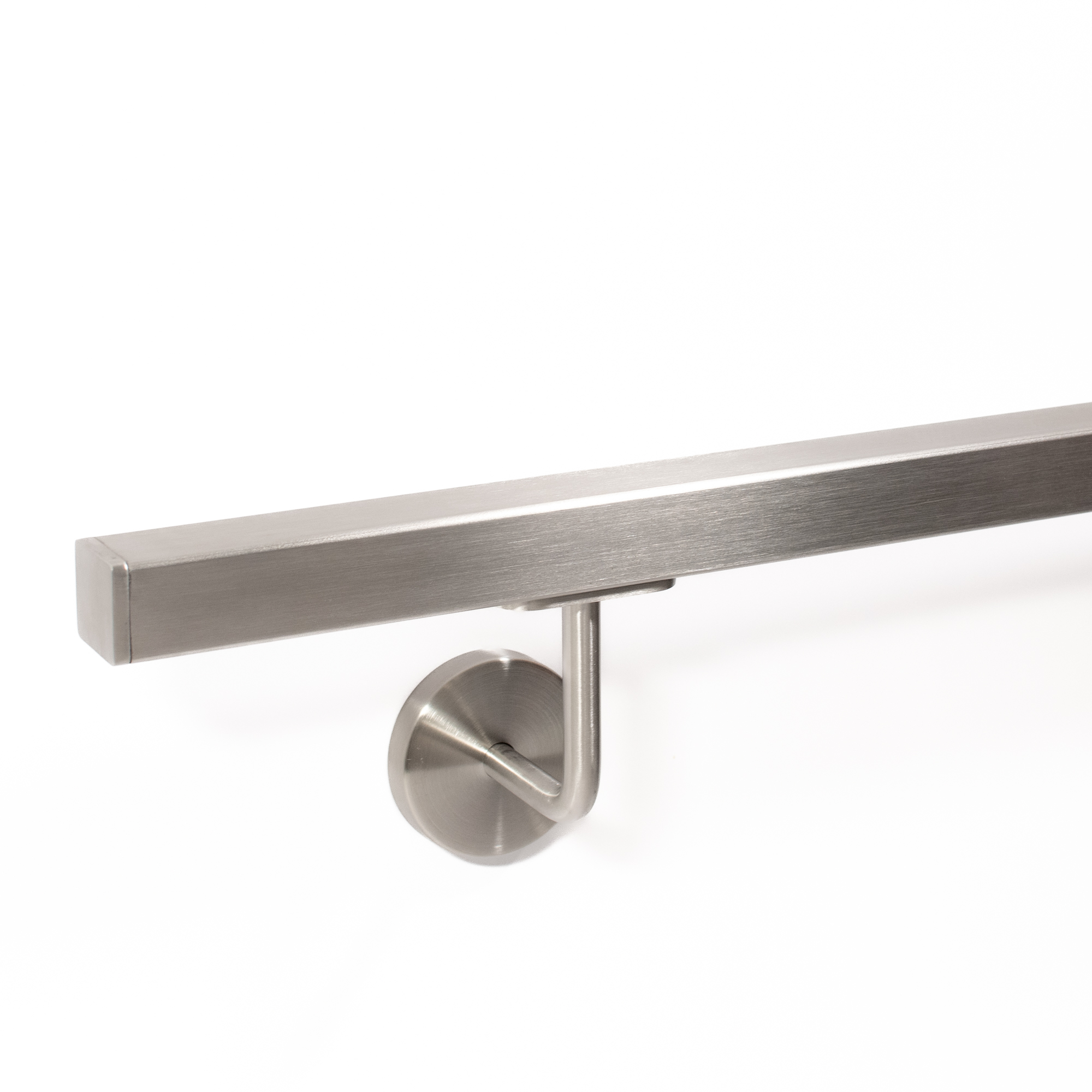 Pasamanos cuadrado de acero inoxidable, tubo cuadrado cepillado con soporte de pared curvado, foto de estudio en blanco