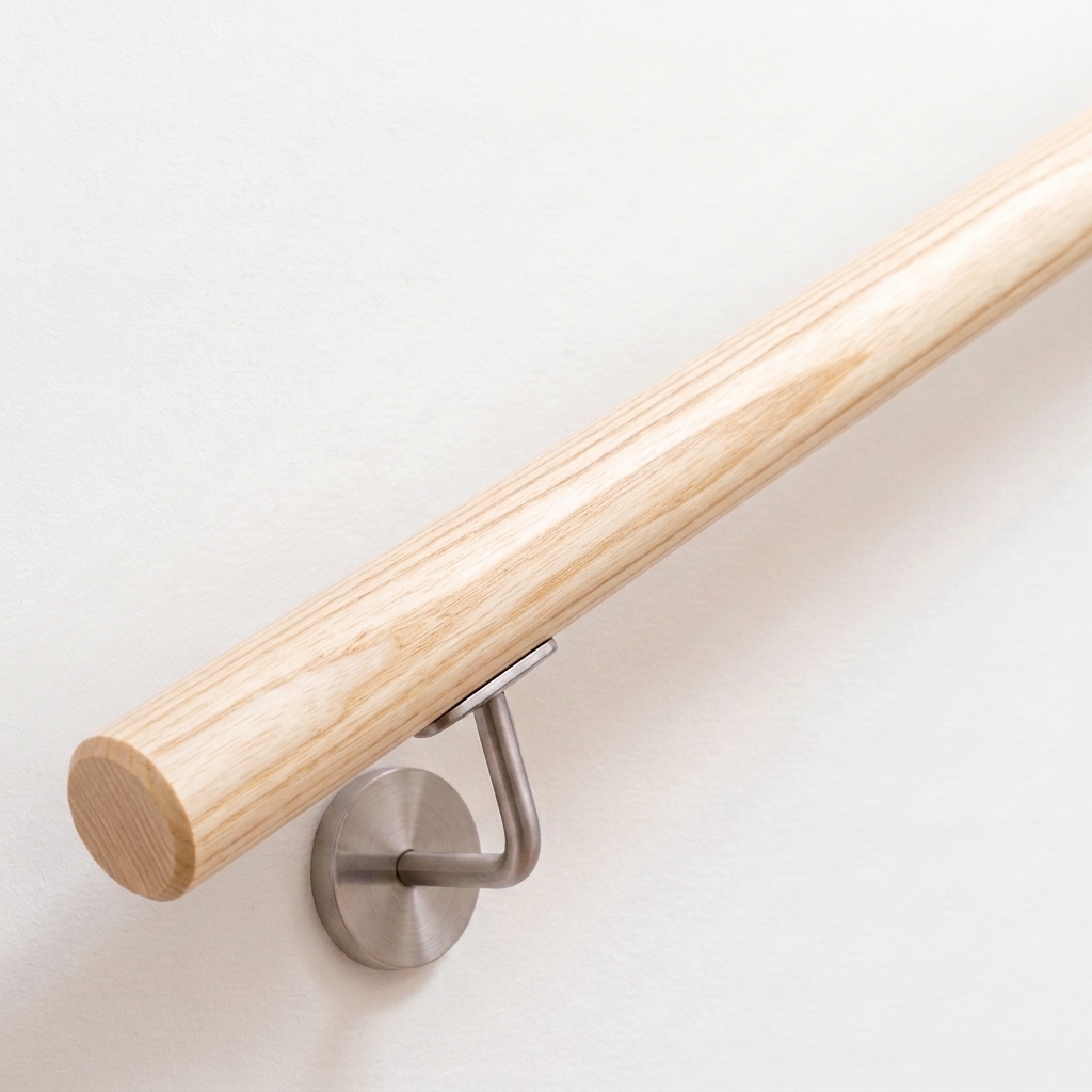 Pasamanos redondo de fresno en madera clara de veteado fino con soporte de acero inoxidable en pared blanca, extremo recto