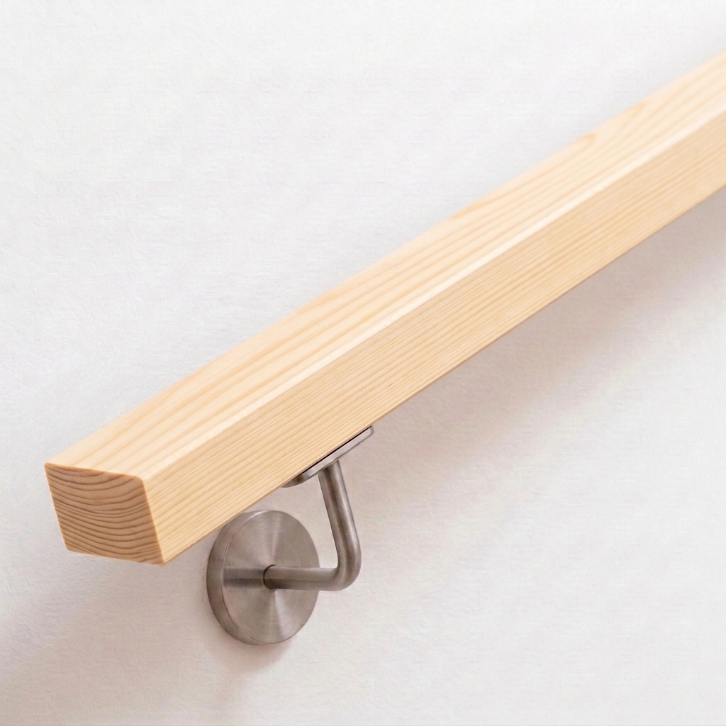 Pasamanos rectangular de abeto en conífera clara con veteado, soporte de acero inoxidable en pared blanca, extremo recto