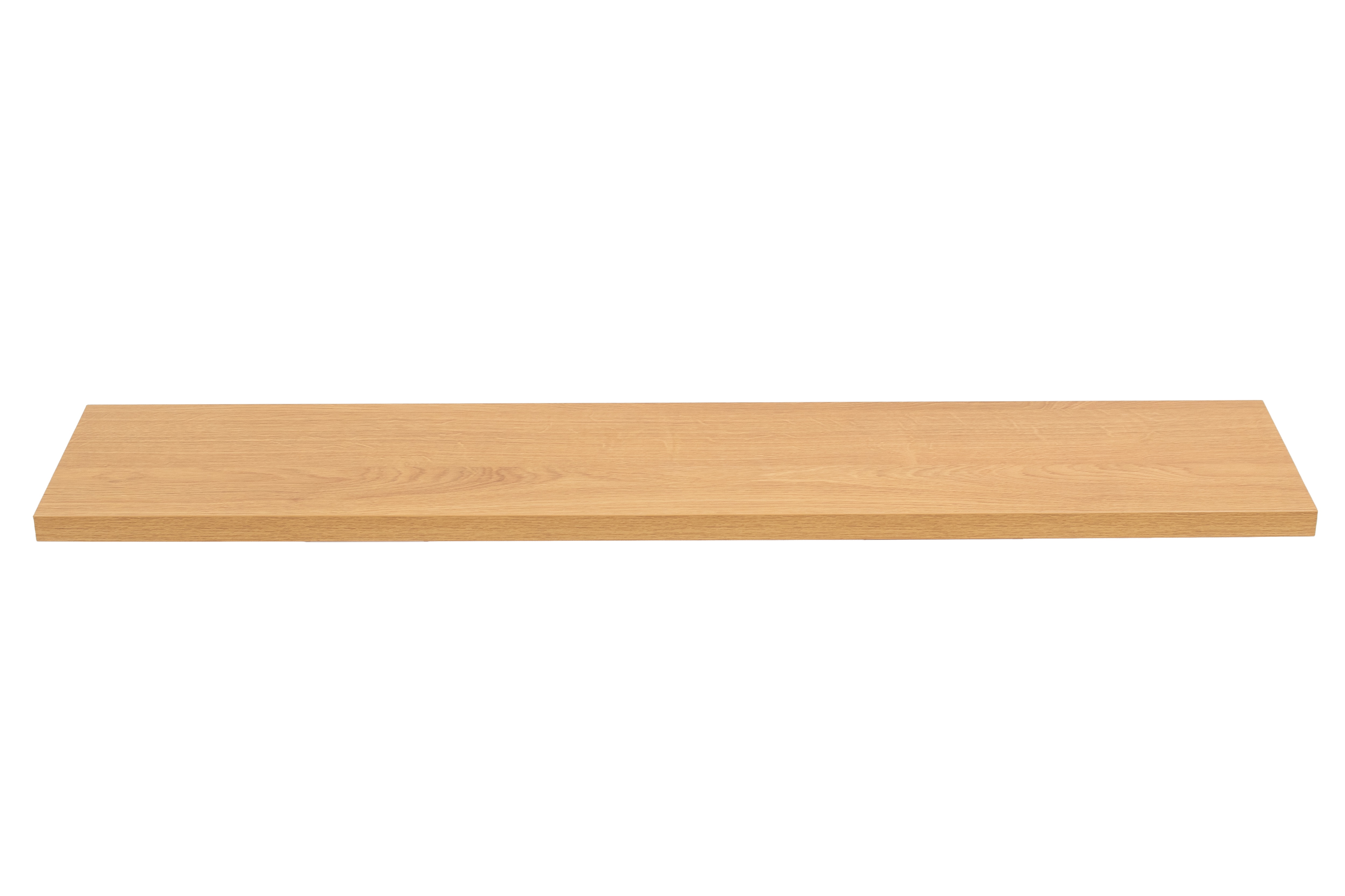 Alféizar de melamina con aspecto de madera de roble, vista frontal sobre fondo blanco