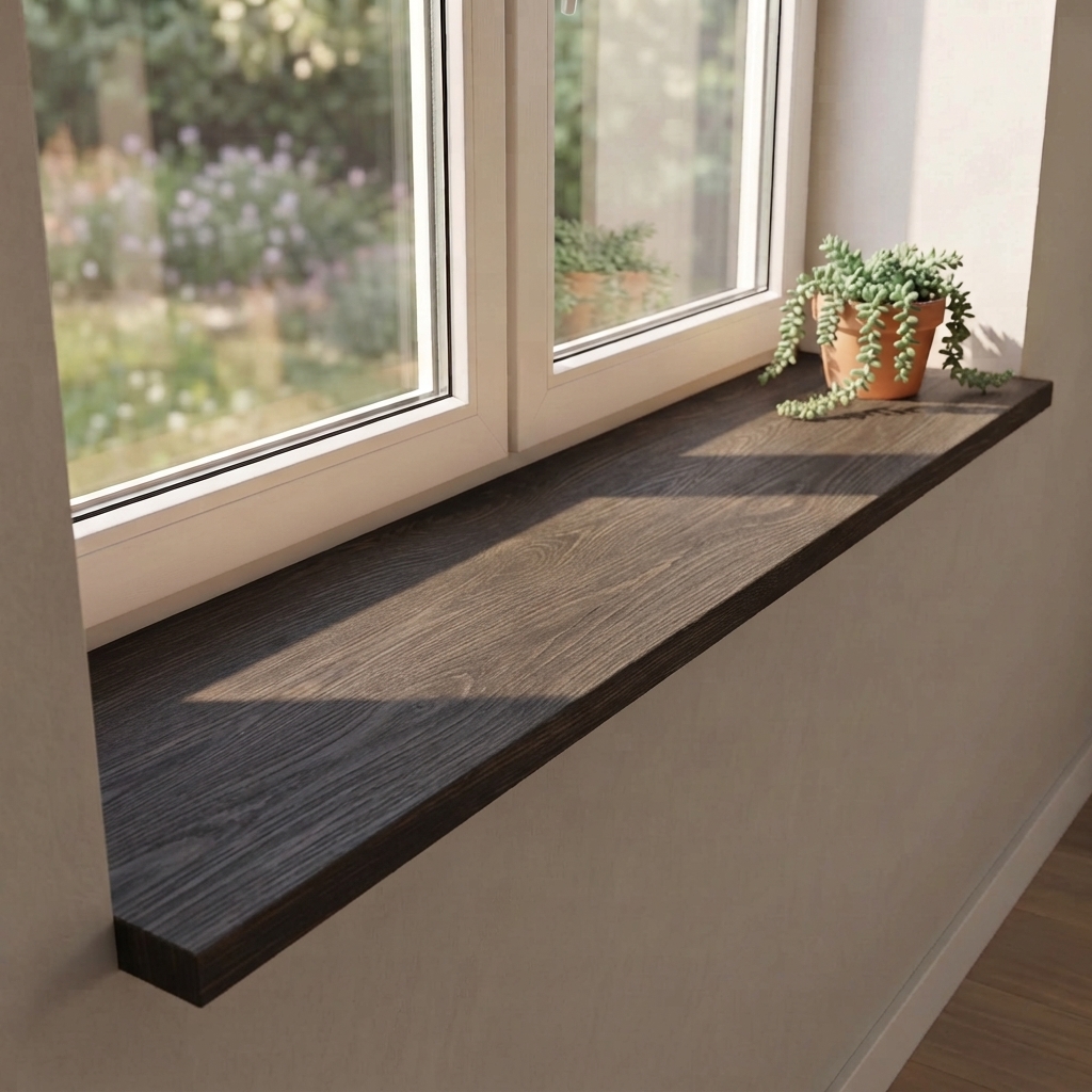 Alféizar de roble teñido de negro de lamas continuas bajo ventana con vista al jardín, veteado oscuro y planta colgante