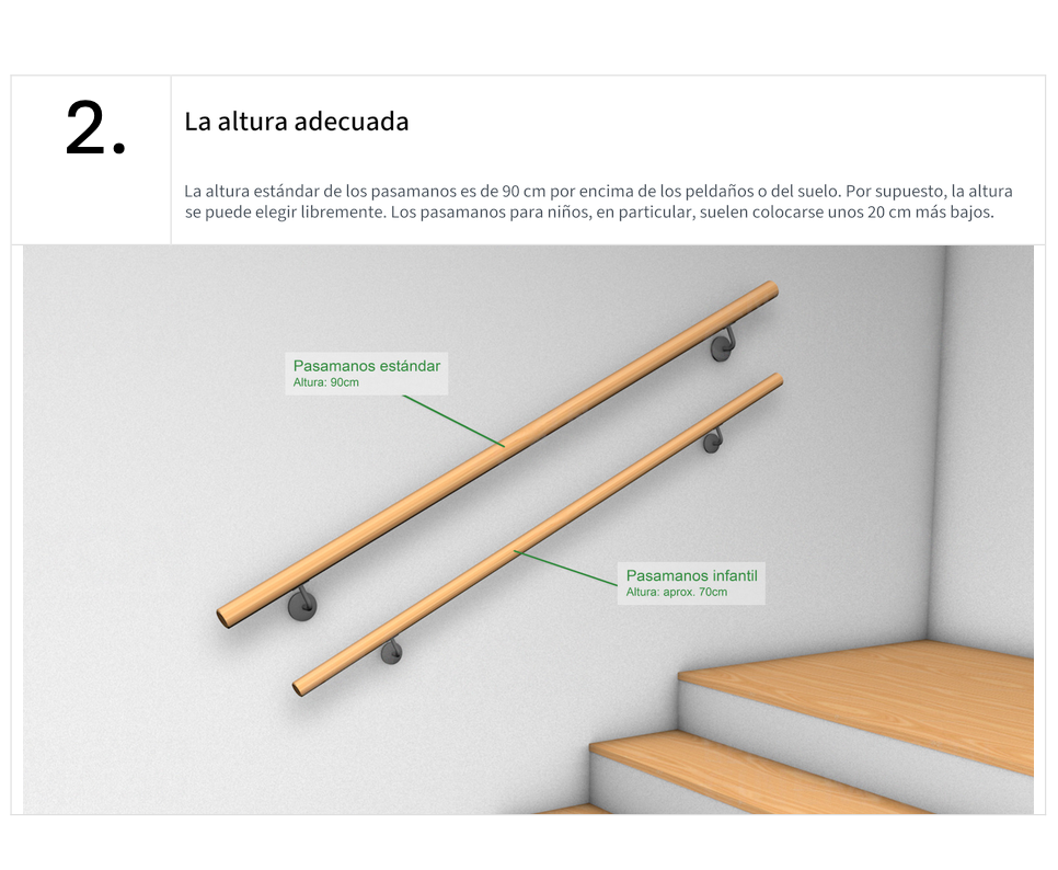 Instrucciones de montaje del pasamanos, paso 2, la altura correcta: estándar 90 cm, infantil aprox. 70 cm, render en pared