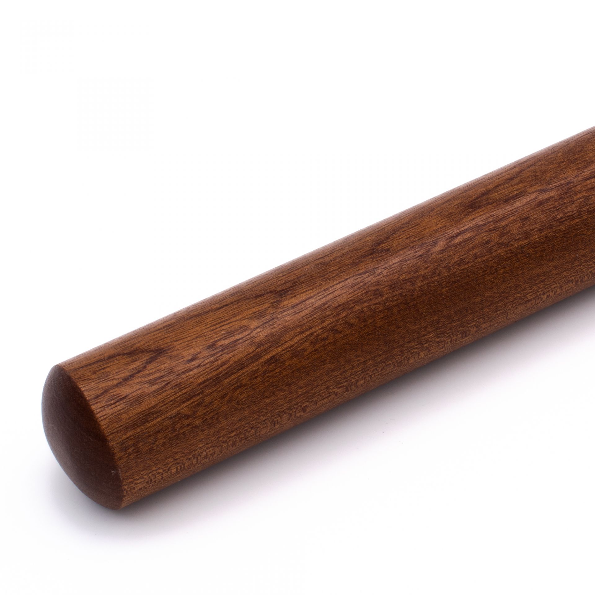 Pasamanos redondo de caoba recortado sin soporte, extremo recto con canto ligeramente matado, marrón rojizo oscuro
