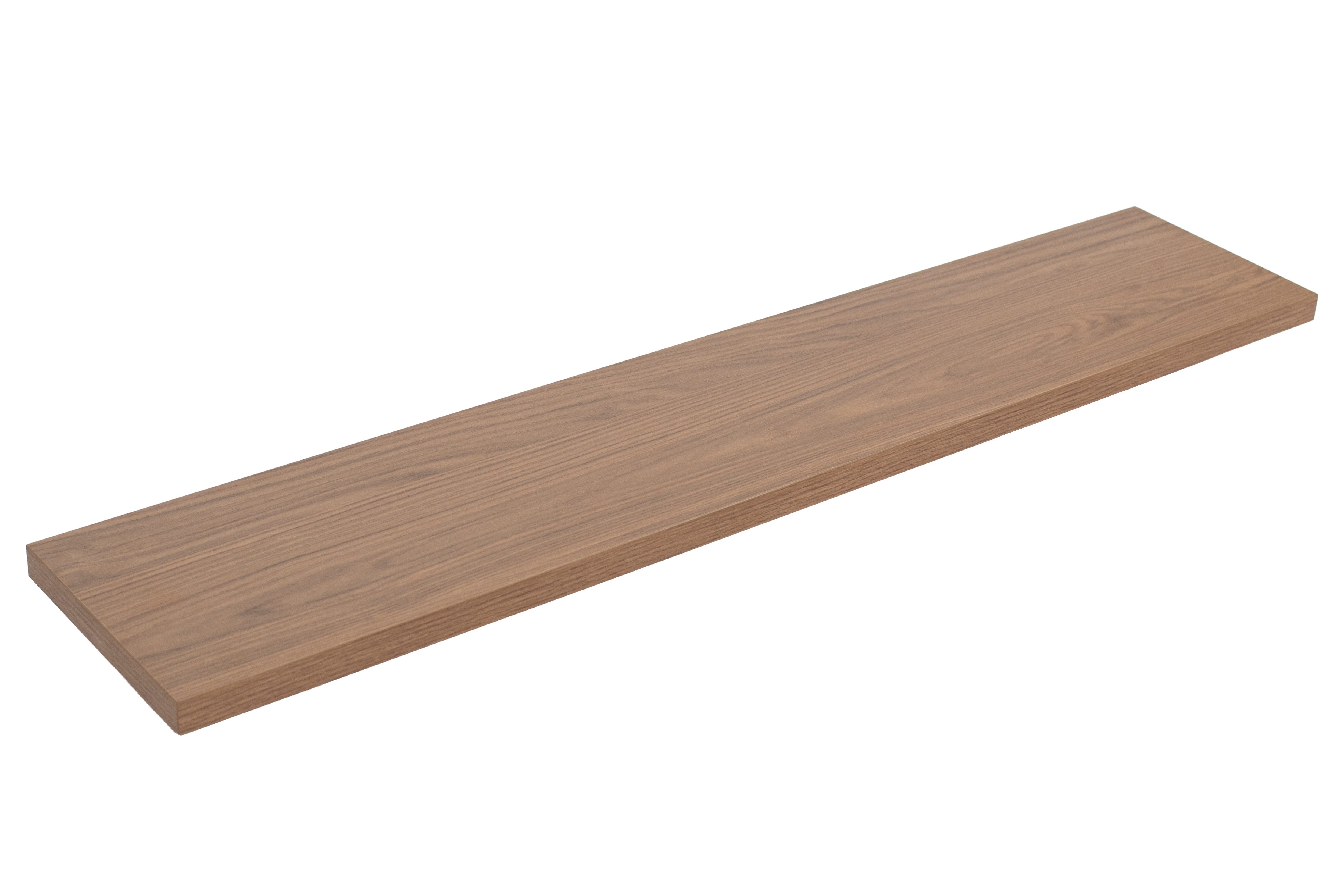 Alféizar de melamina con aspecto de madera de nogal, vista oblicua sobre fondo blanco