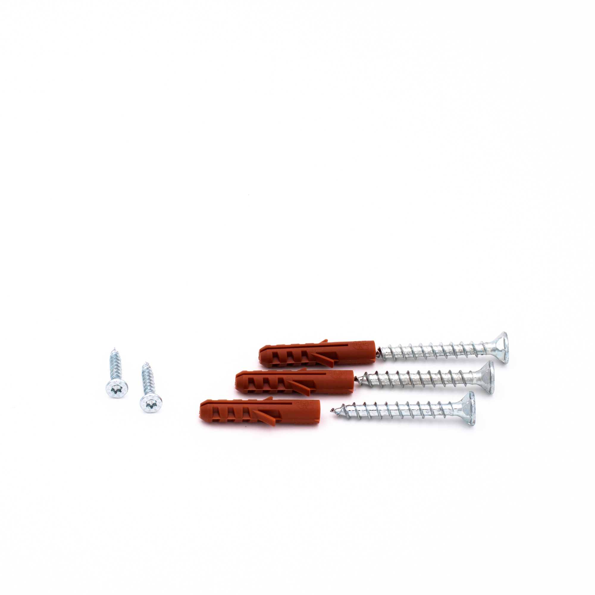 Material de montaje del soporte para pasamanos modelo 04: tres tacos rojos, tres tornillos y dos tornillos pequeños