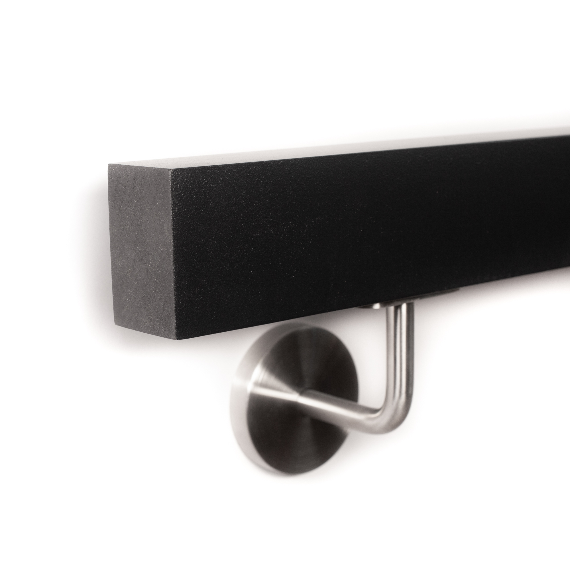Pasamanos rectangular de haya negro de canto con soporte de acero inoxidable, extremo recto con cantos vivos