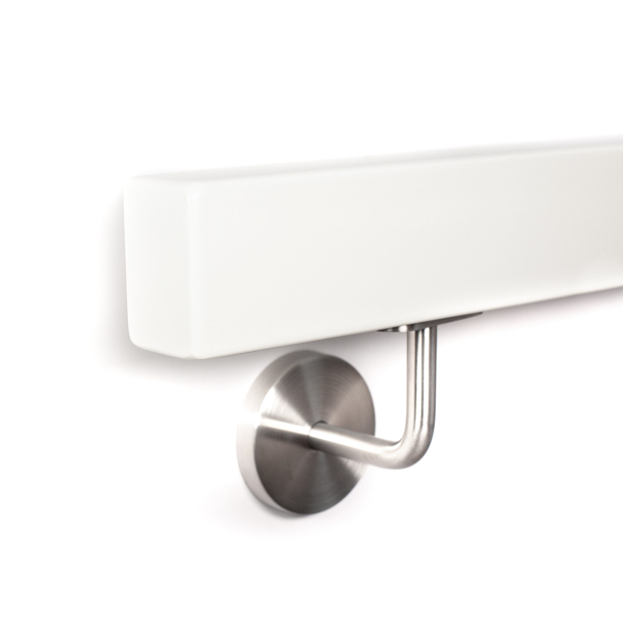 Pasamanos rectangular de haya blanco de canto con soporte de acero inoxidable, extremo con radio, cantos redondeados