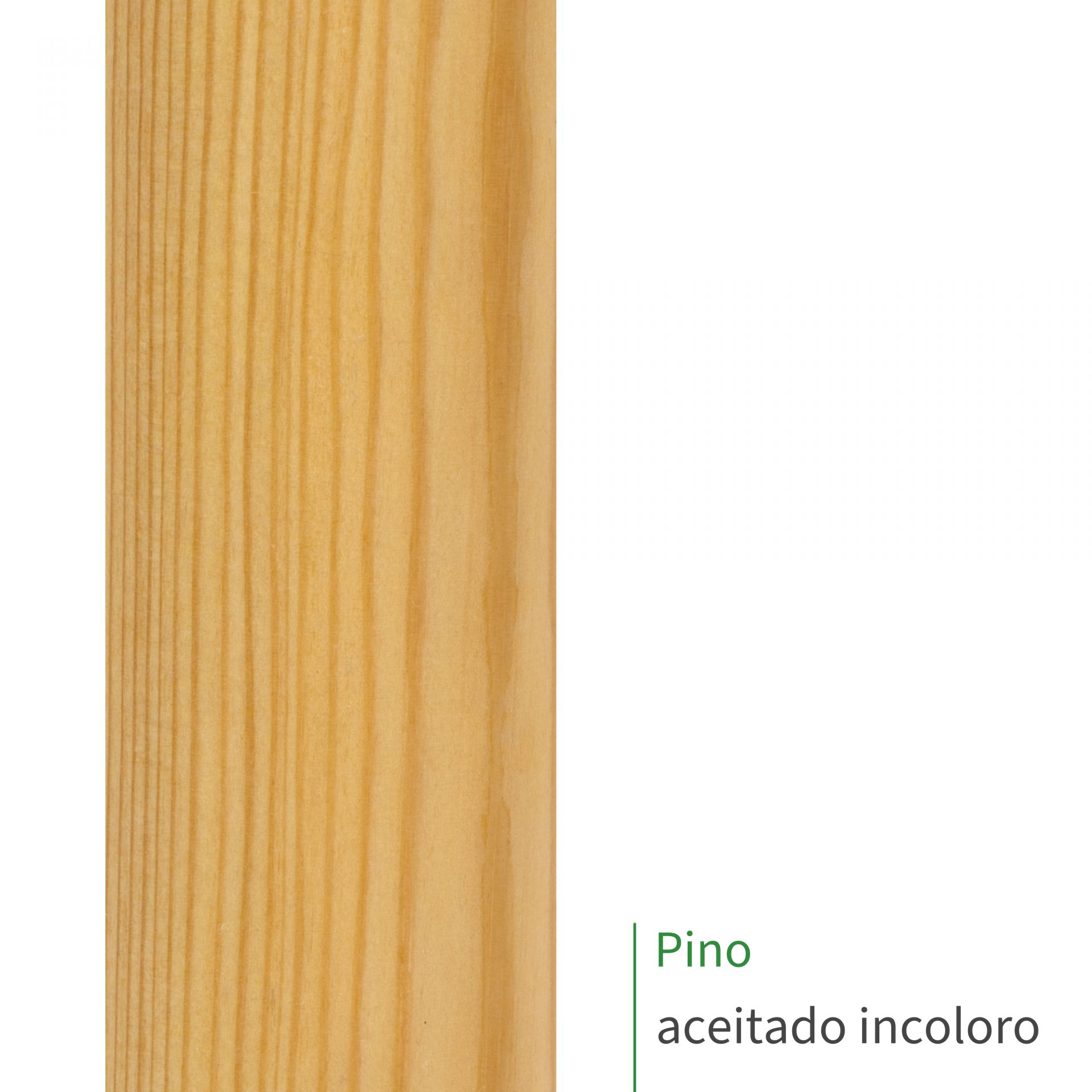 Muestra de pasamanos de pino aceitado incoloro, veteado amarillo dorado marcado, rótulo «Pino aceitado incoloro»