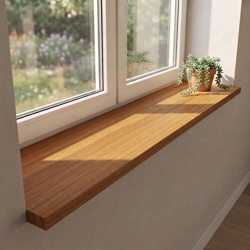 Alféizar de melamina con aspecto de madera de roble bajo ventana doble con vistas al jardín y planta colgante en maceta