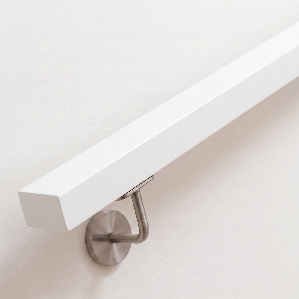 Pasamanos rectangular de haya blanco en pared blanca, soporte de acero inoxidable con roseta redonda, vista oblicua